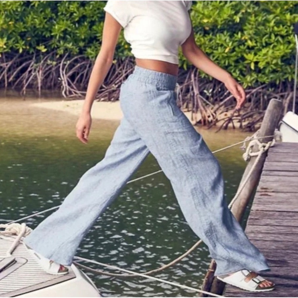 ATHLETA 100% Linen Wide Leg Pant Cabo Beach Chambray 6 Denim Blue‎ Lightweight